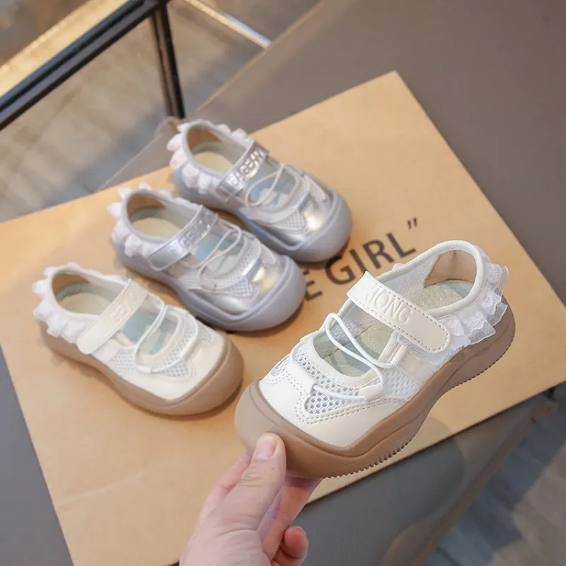 Girls' breathable mesh shoes  Summer 2026 new style, simple and fashionable, with lace trim and anti-slip soft sole,single shoes