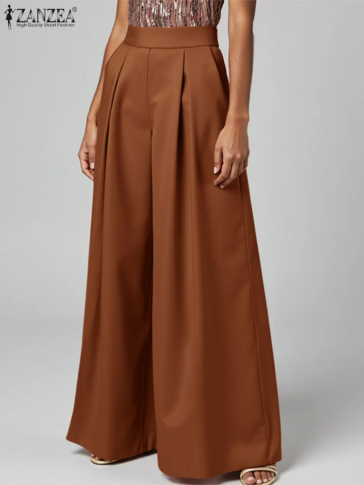 

Летние брюки ZANZEA 2024, элегантные женские широкие брюки OL, рабочие брюки с высокой талией, атласные длинные палаццо, винтажные однотонные плиссированные брюки
