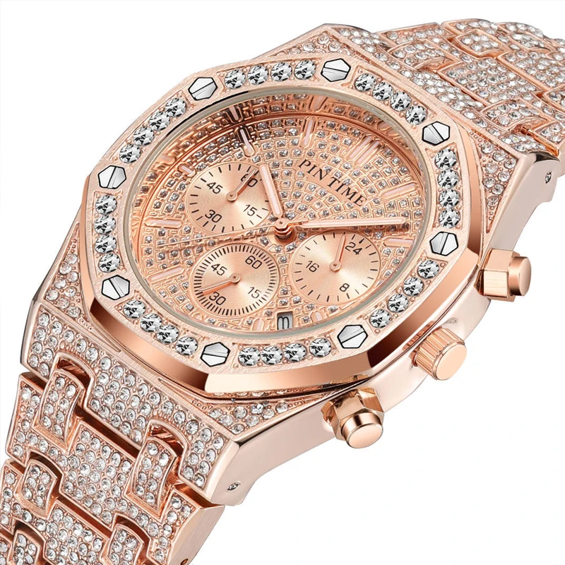 

PINTIME мужские кварцевые часы с полной инкрустацией бриллиантами, европейские и американские модные мужские кварцевые часы в стиле хип-хоп