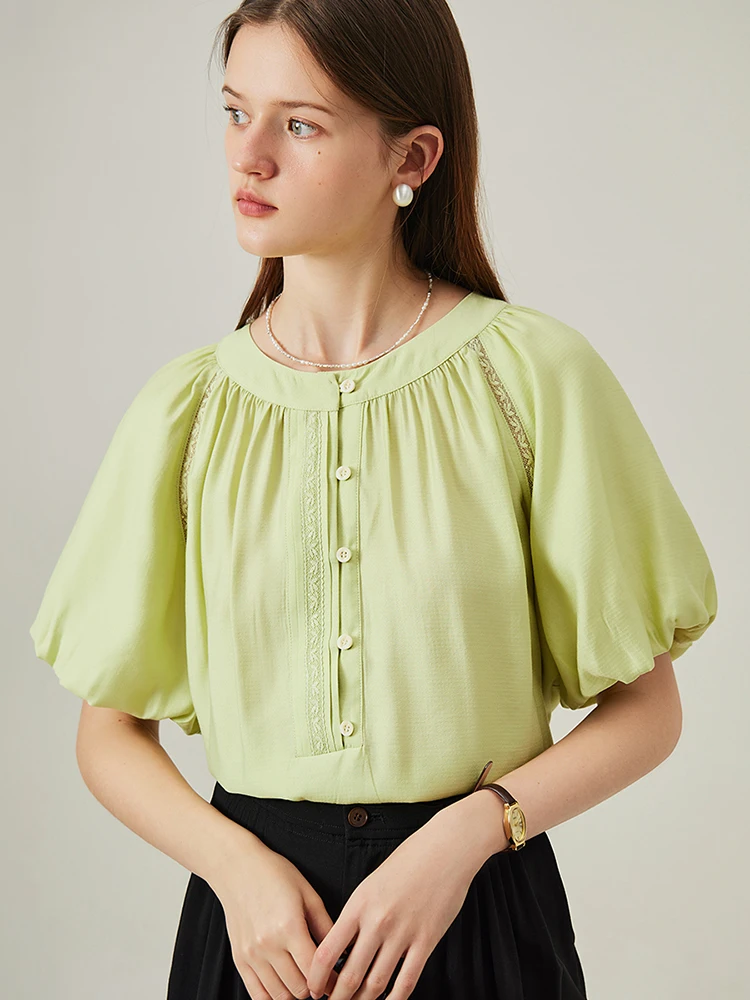 FSLE French Style Commuting Shirt Top For Women\'s 2024 Summer New Design Bubble Sleeves Blue White Green Tops 24FS12410