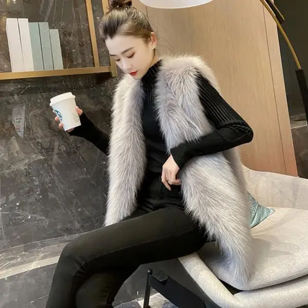 2024 Faux Fox Fur Women Long Vest Black Warm Faux Fur Big Size Plush Coats Female Jacket Autumn Winter Furry Outerwear New QY215