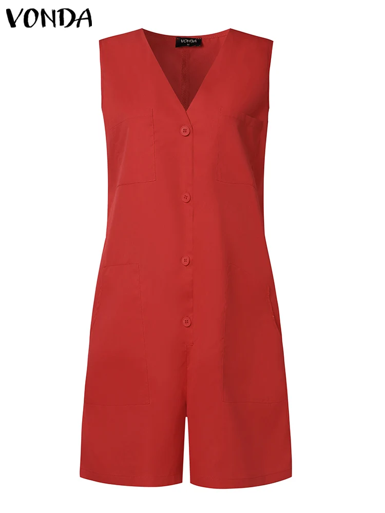 2024 Vonda Vrouwen Zomer Korte Jumpsuits Sexy Mouwloze Rompertjes Casual Losse Mode V-Hals Zakken Effen Playsuits Overall