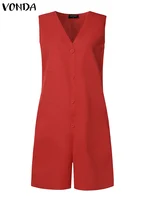 2025 VONDA Women Summer Short Jumpsuits Sexy Sleeveless Rompers Casual Loose Fashion V Neck Pockets Solid Playsuits Overalls - Image 4