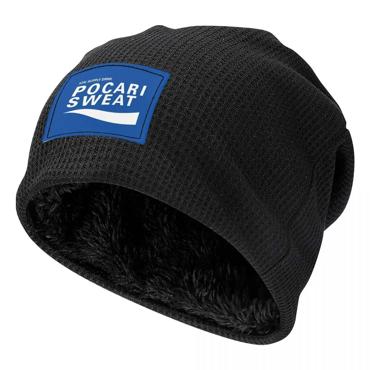 Just Some Pocari Sweat Merch Waffle Knit Fleece Lined Beanie with PU Leather Patch Unisex Warm Winter Soft Cap