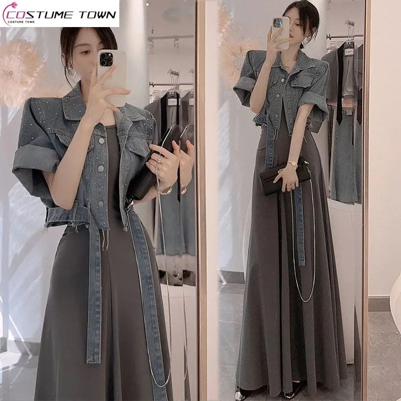 2023 Korean Version New Fashion Wear High Grade Elegant Style Celebrity Royal Sister Style Denim Coat Sling Dress