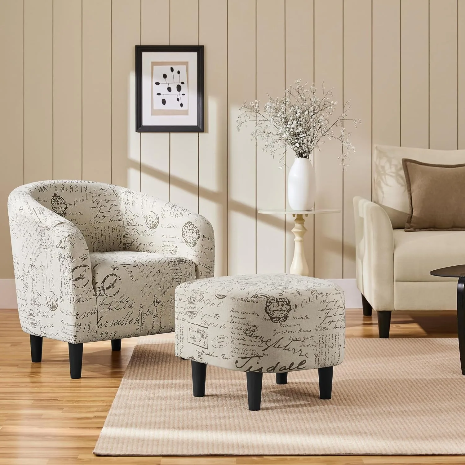 Small 25.5in Wide Boucle Barrel Accent Chair, Letter Print | Compact Cozy Barrel Chair with a Curved Silhouette, Upholstered Furry Armchair for Small Spaces, Living Room Bedroom Corner