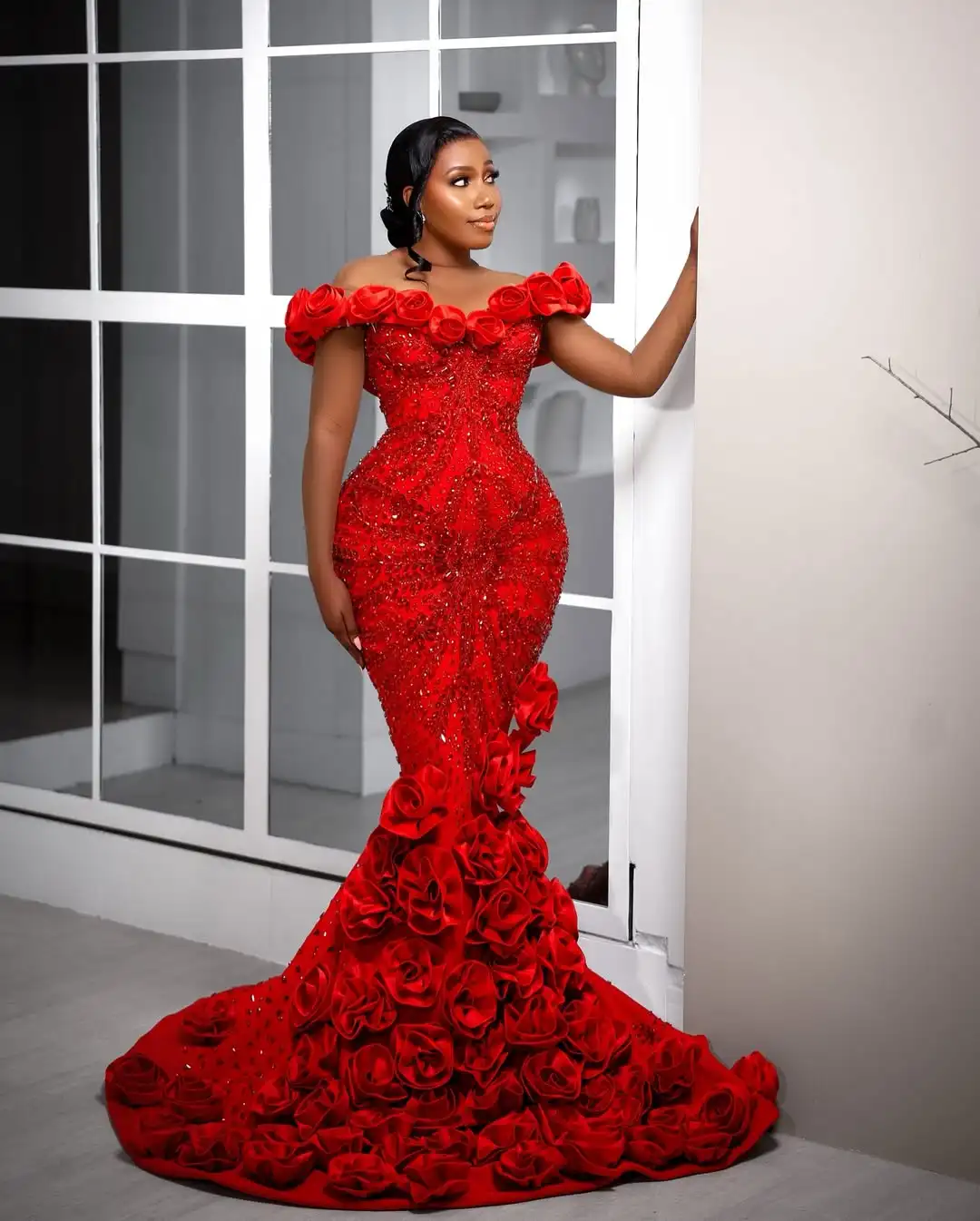 Moderno fora do ombro vestidos de noite flores de cristal lantejoulas trem varredura vestido de baile sereia personalizado vestidos de noche
