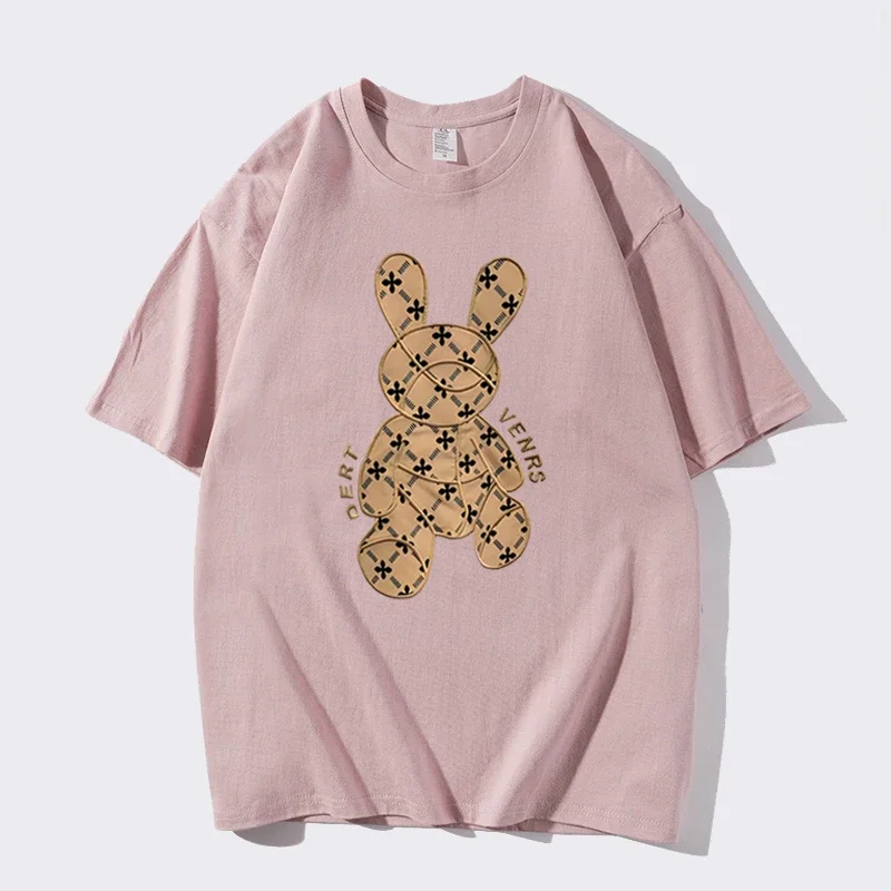 Spring Summer Men\'s Loose Casual Breathable T-Shirt 100% Cotton Clothing Bear Print Streetwear Women\'s Crew Neck Top