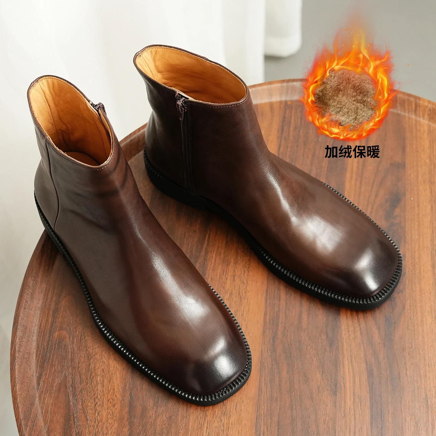 Men's Fleece-Lined Cowhide Leather Ankle Boots Winter Vintage High-Top Zipper British Style Shoes