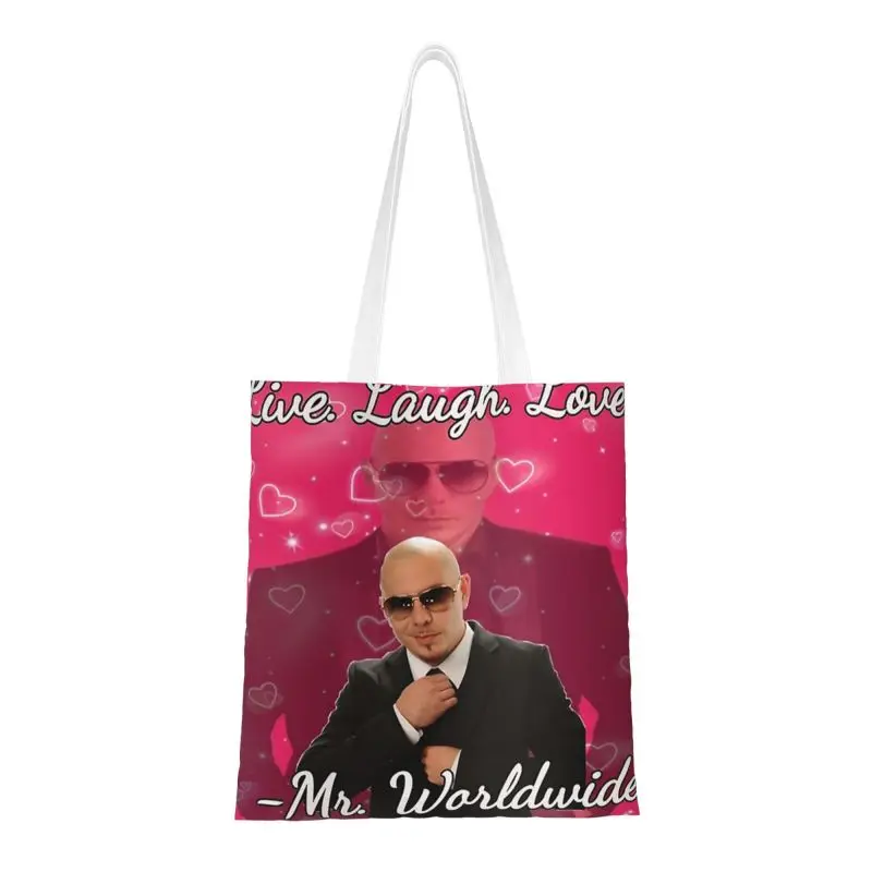 Custom Mr. World Rapper Pitbull Says Shopping Canvas Bags Women Washable Grocery To Live Laugh Love Tote Shopper Bags