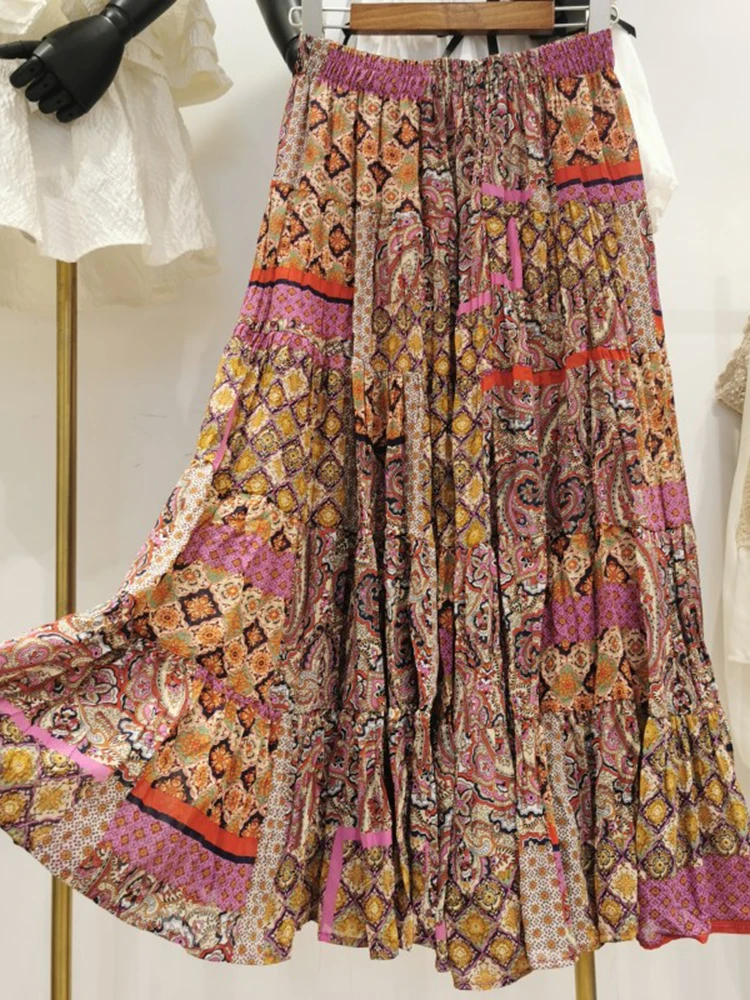 

Jastie 2022 Bohemian Style Retro Print Skirts Women Elastic Waist Big Hem Chic Chiffon Pleated Skirts Long Casual Beach Skirt