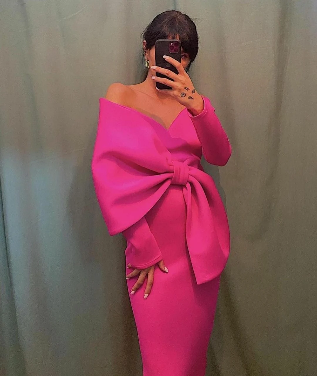 Vestidos De Noche Short Satin V-Neck Evening Dresses for Women Bow Long Sleeve Zipper Formal Back Bodycon Pink Robe Soirée Femme