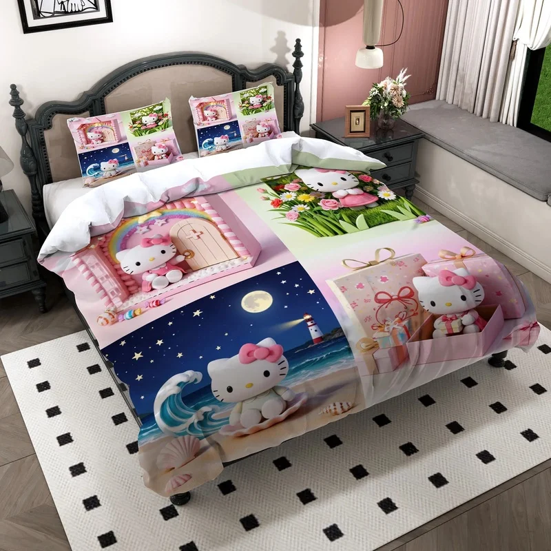 Pink Doll Hello Kitty Duvet Cover Set 4‑Scene Collage Bedding Set For Teen Girls Bedroom Decor