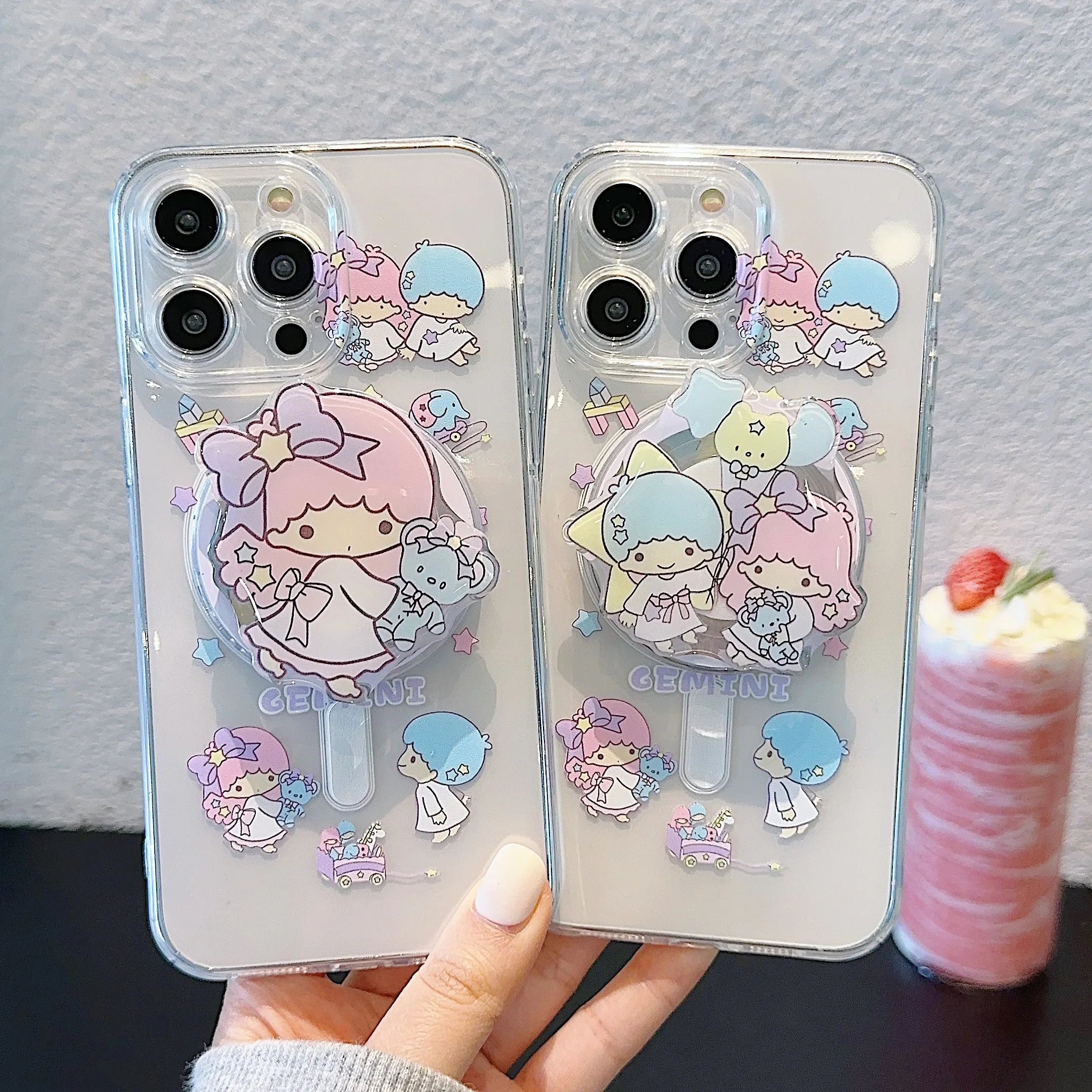 

Cute LittleTwinStars for Magsafe Magnetic Bracket Phone Case For iPhone 16 15 14 13 12 11 Pro Max Plus Clear Soft Back Cover