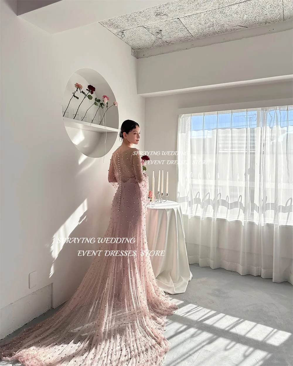 SPRAYING Luksusowa różowa suknia wieczorowa z koralikami Syrenka Długa koreańska suknia ślubna O Neck Gorset z długim rękawem Dostosowane 2025