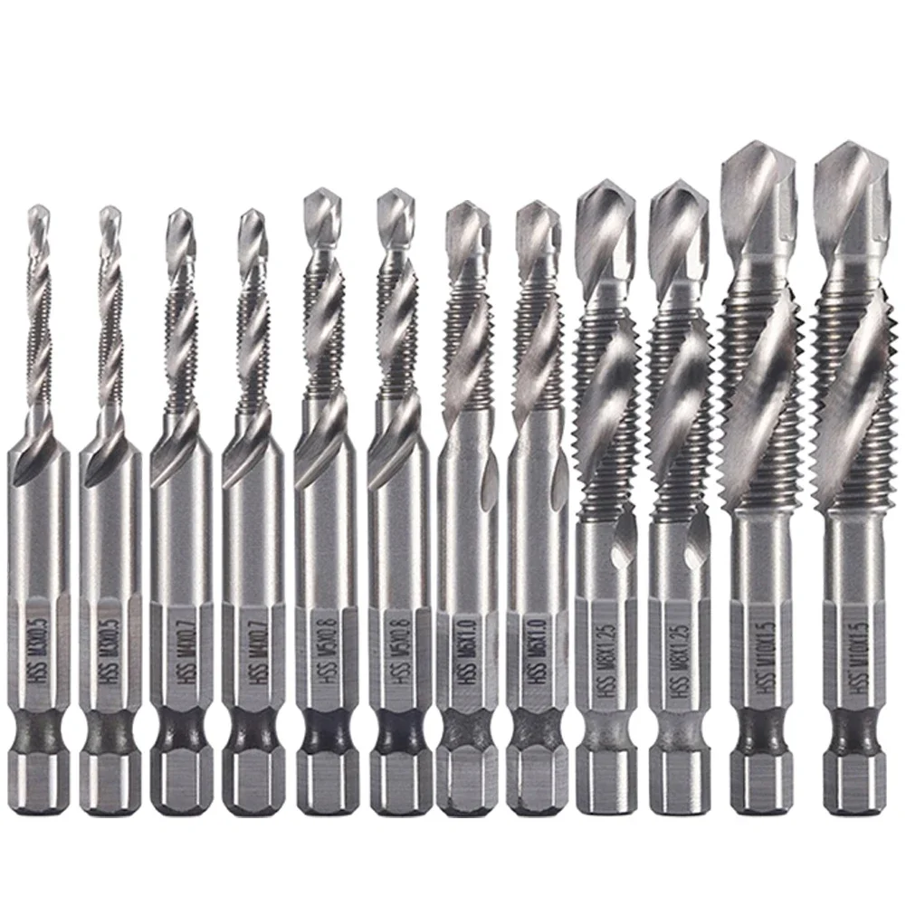 

12pcs Hex Shank HSS Screw Thread Metric Tap Drill Compound Tap To M10 Workshop Equipment Power Tools Parts Drill Bits