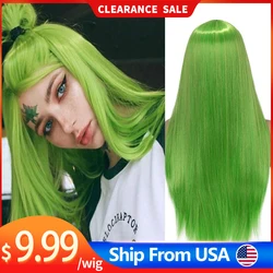 Peruca de fibra sintética longa e reta para mulheres, perucas de cabelo natural, verde grama, resistente ao calor, parte média Cosplay