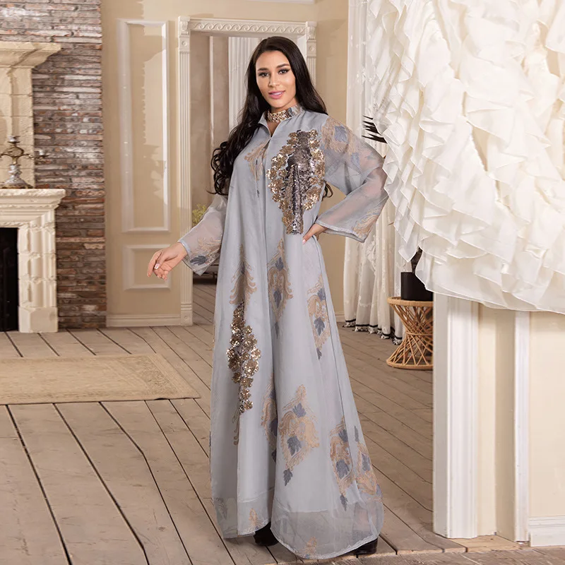 Sequin Evening Dress Embroidered Mesh Beadwork Gown Modest Full-Length Sleeve Evening Gown Elegant Occasion Formal Dress