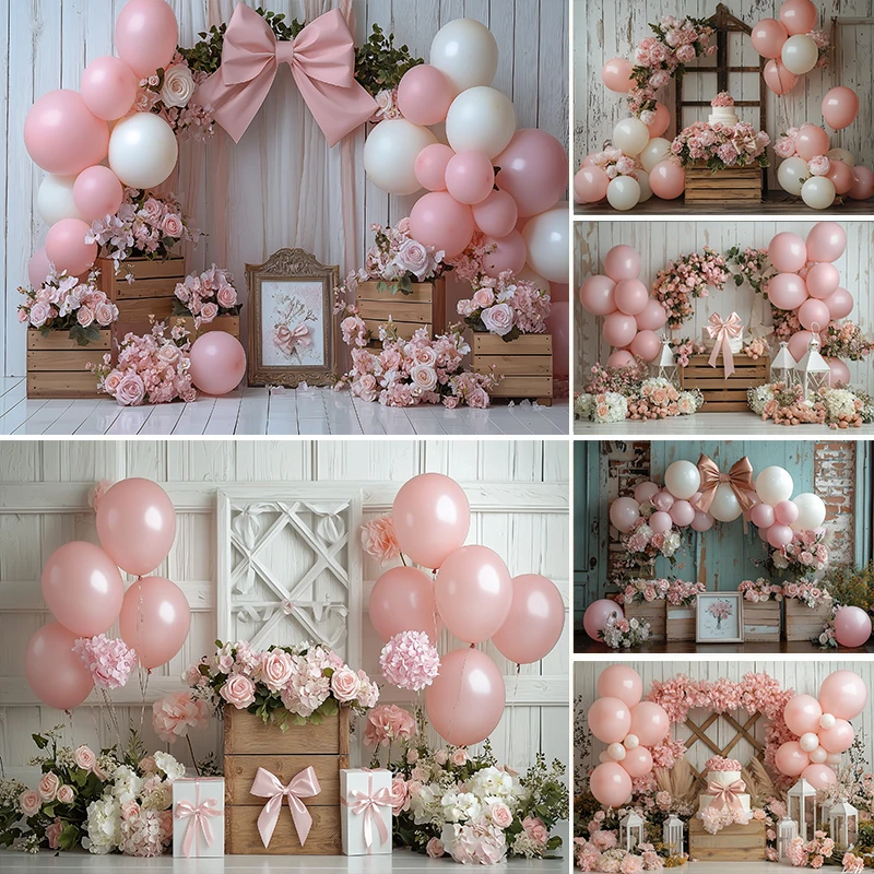 

Photography Background Bohemian Balloons Floral Bows Decor Girls Birthday Party Cake Smash kids Portrait Photo Backdrop Studio
