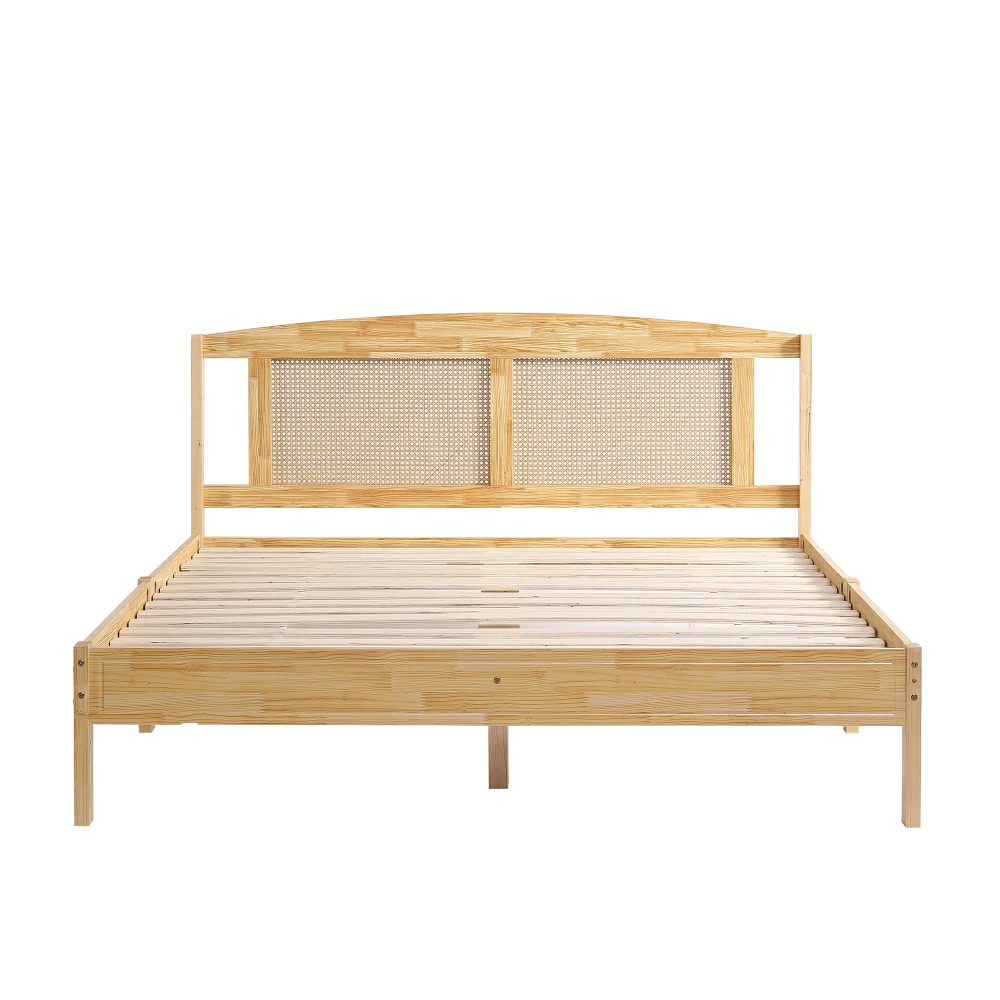 PINGGO Naturrattan-Doppelbett 160x200cm Kiefernholz PE-Rattan 15 Latten Mittelstützfüße Rattan-Netzkissen Ohne Matratze – Detail 9