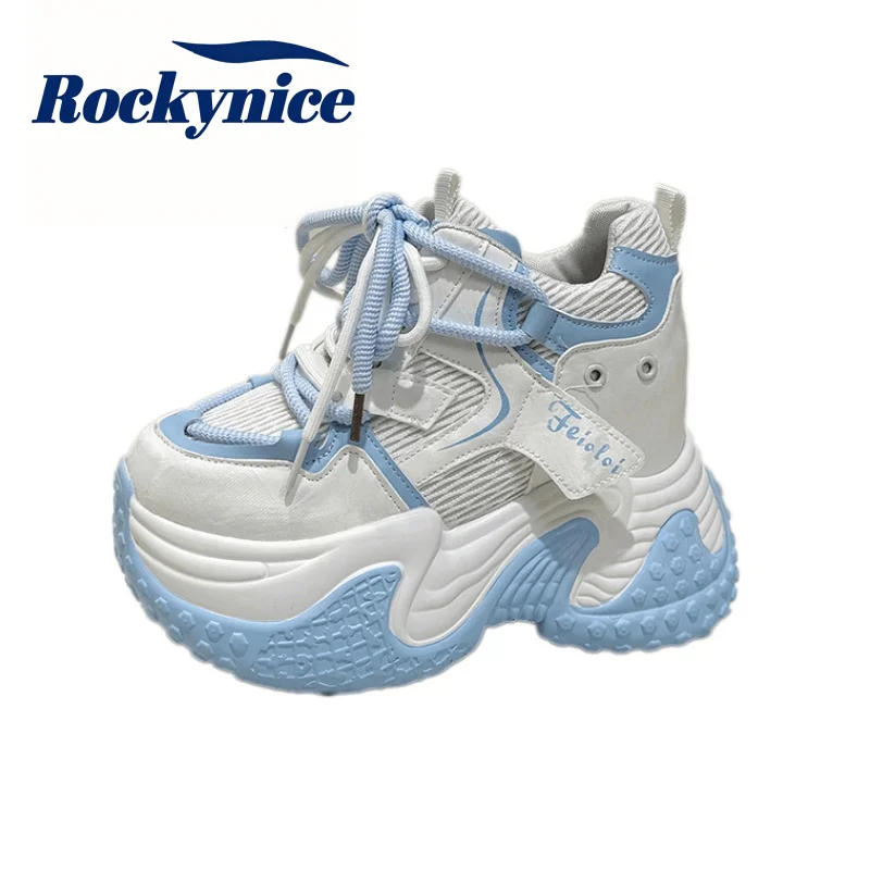 Women New Autumn Chunky Sneakers 9.5CM Hidden Heels Platform Sports Dad Shoes Woman Lace-Up Breathable Mesh Walking Casual Shoes