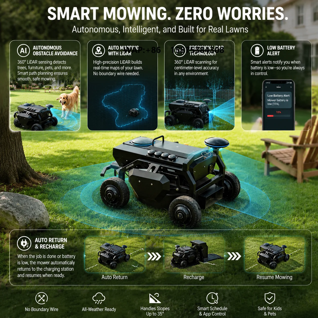 AI Mower with Auto-Recharge LiDAR 490mm Remote-Control Robotic Lawn Mower Self-Propelled Wheeled Mower for Garden Weeding
