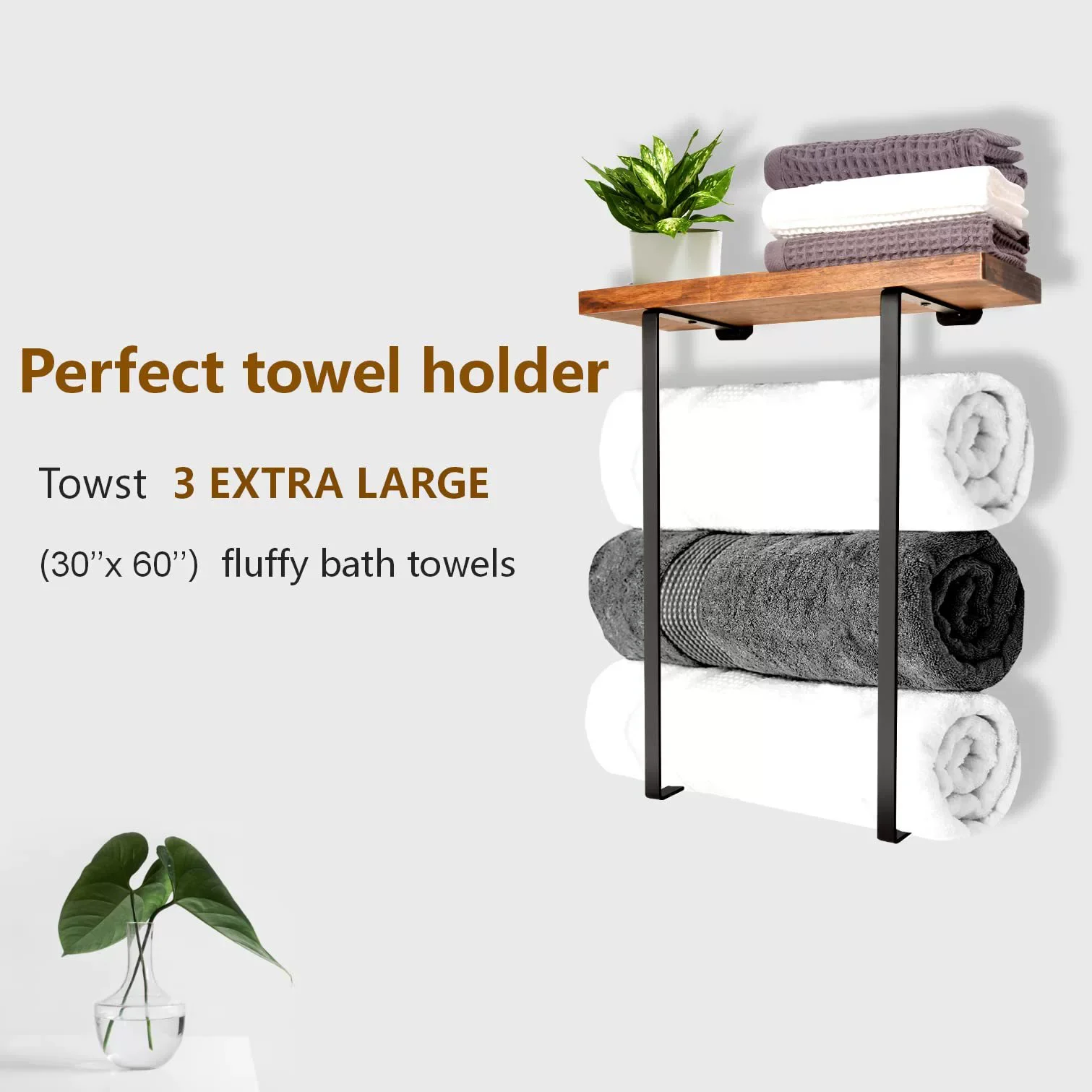 URluna Wall Mounted Bathroom Towel Rack, Metal Towel Holder with Wooden Top for Rolled Towels, Stylish Bathroom Storage Organise