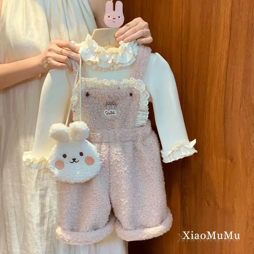 Girls' Autumn/Winter Set 2025 New Style Baby Girl's Stylish Internet Red Plush Bottom Coat Hairy Strap Pants Two Piece Set