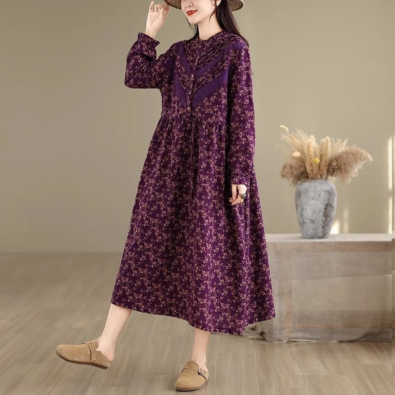 2025 Herfst Nieuwe Artistieke Retro Gebloemde Jurk Voor Vrouwen Losse Lace Up Hoge Taille A-lijn Lange Jurk Casual Kleding W717