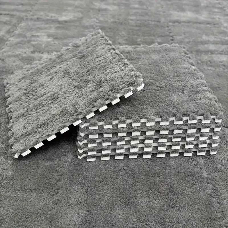 NONE 4/12 Stück Plüsch-Puzzle-Schaum-Bodenmatte, weich, flauschig, ineinandergreifend, quadratische Schaumstofffliesen, Teppiche für Wohnzimmer, Schlafzimmer, Dekoration 3