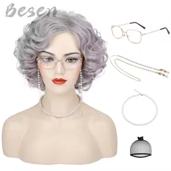 Synthetic Old Lady Wigs Short Grey Curly Grandma Wig for 100th Days of School Mrs Claus Cosplay Costume Halloween Party Wigs