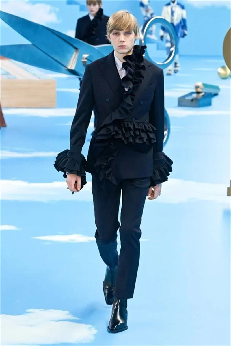 

New fashion Jersey Ruffles Tiered men's suit High Quality 2-piece Men's Suit Men's Stage Costume Special Occasion Gowns