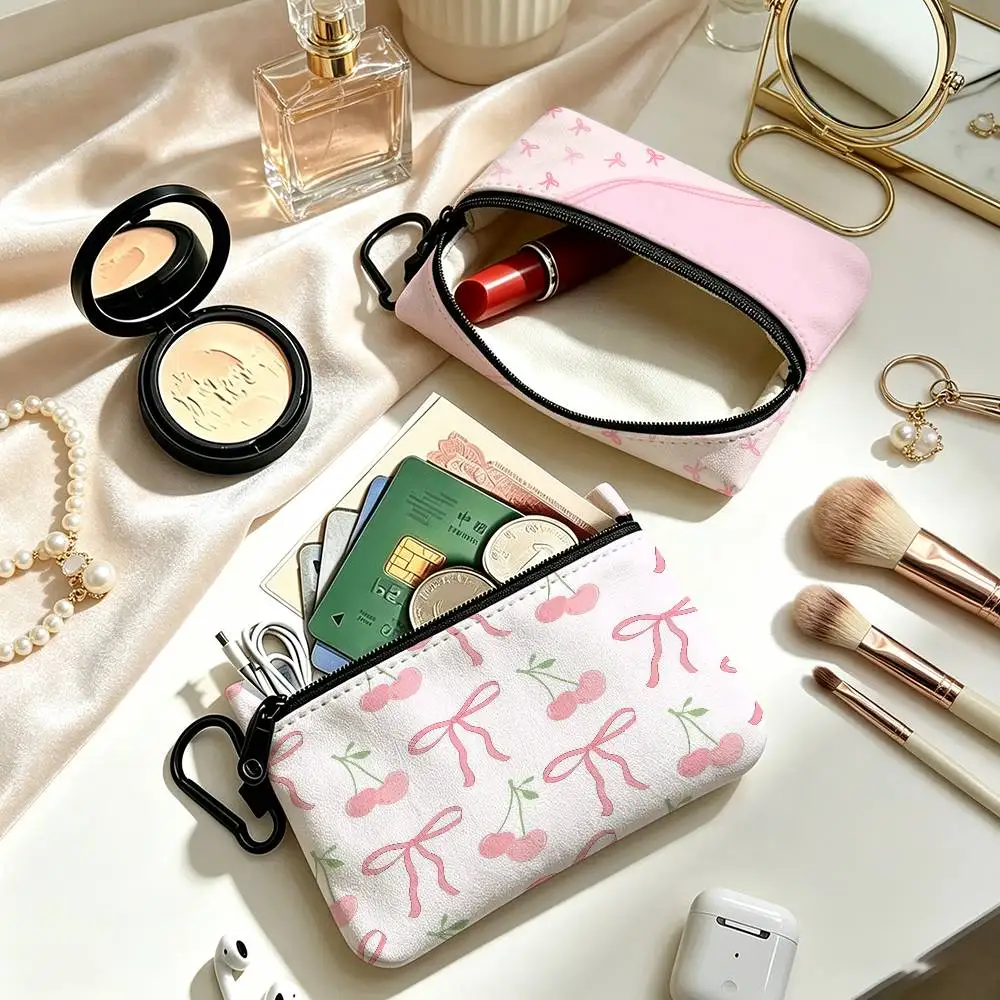 Pink Bow BEAUTY  Portable Oxford Fabric Mini Wallet Carabiner Design Small Coin Bag For Cards Keys Earphones