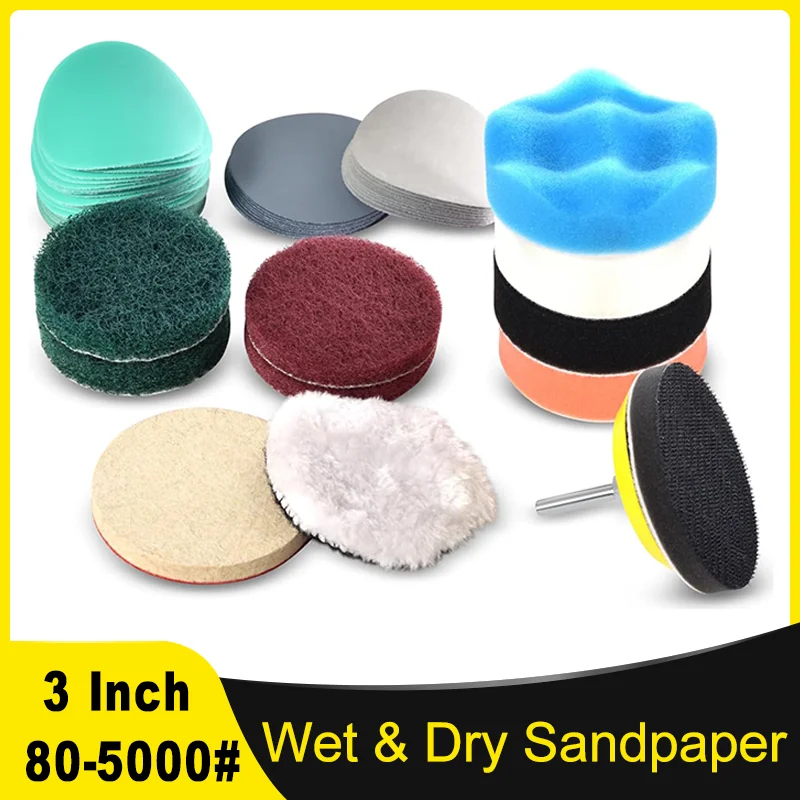 3Inch 75MM Wet Sandpaper Kit 113 Pcs for Drill Car Buffer Headlight Restoration Kit with Sandpaper Discs Foam and Wool Buffing