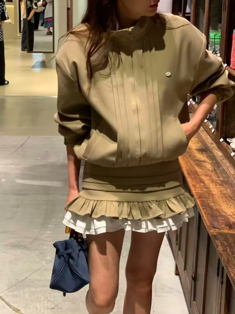 

Fashionable Heavy Embellished Pleated Jacket And Half Skirt Set Women's Autumn New Style Color Block Lace Trim Ensemble