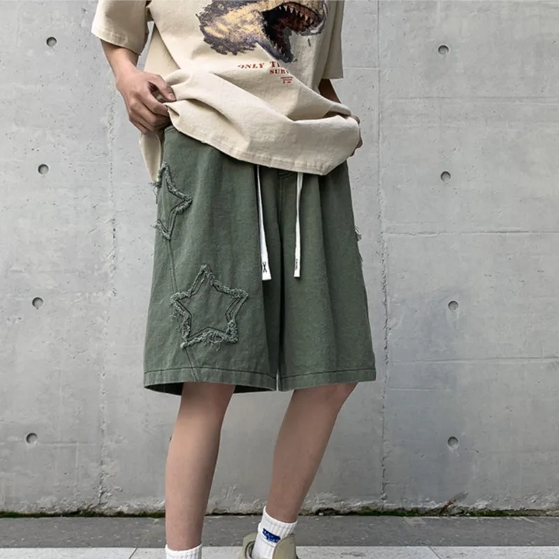 Vintage Star Patchworkกางเกงขาสั้นผู้ชายฤดูร้อนกลางแจ้งStreetwear Chic Denimสั้นกางเกงหลวมSweatpantsเอว