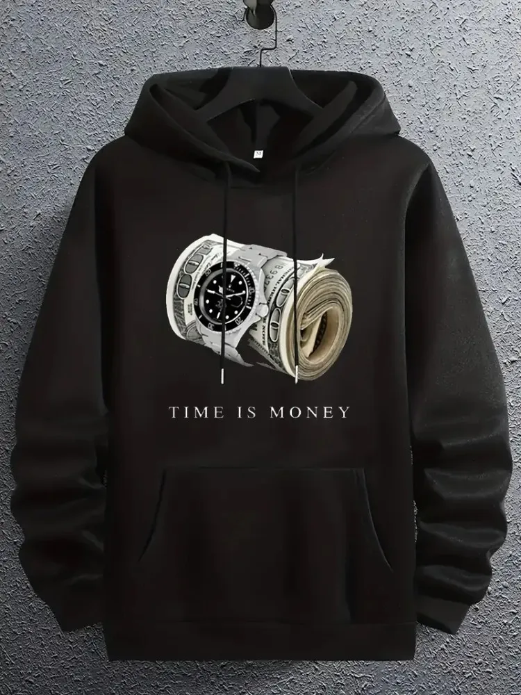 

Плюс размер модные часы и деньги графическая толстовка женская с длинным рукавом пуловер с капюшоном на шнурке толстовка heavewight 550 г/м2