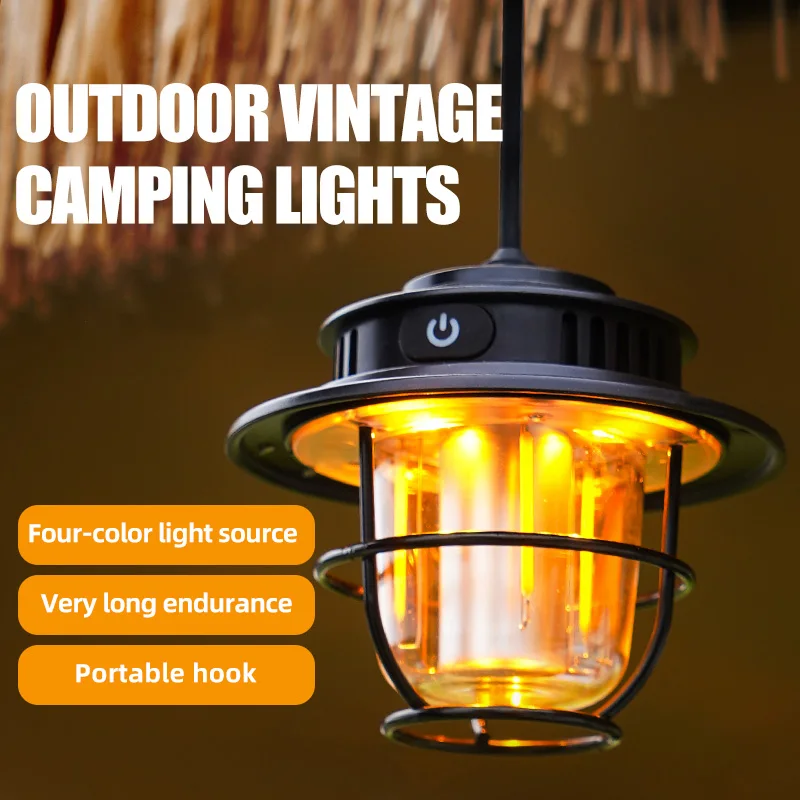 Retro Portable Camping Lantern Waterproof Emergency Light Stepless Dimmable Hanging Tent Lamp for Outdoor Hiking