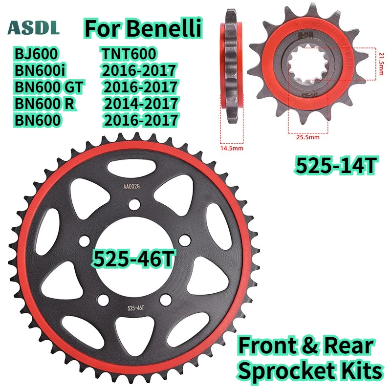 525 Chain 14T 46T Teeth Moto Front Rear Sprocket Silent Gear Wheel For Benelli BN600 BN600R BN600GT BN600i 14-17 TNT600 BJ600