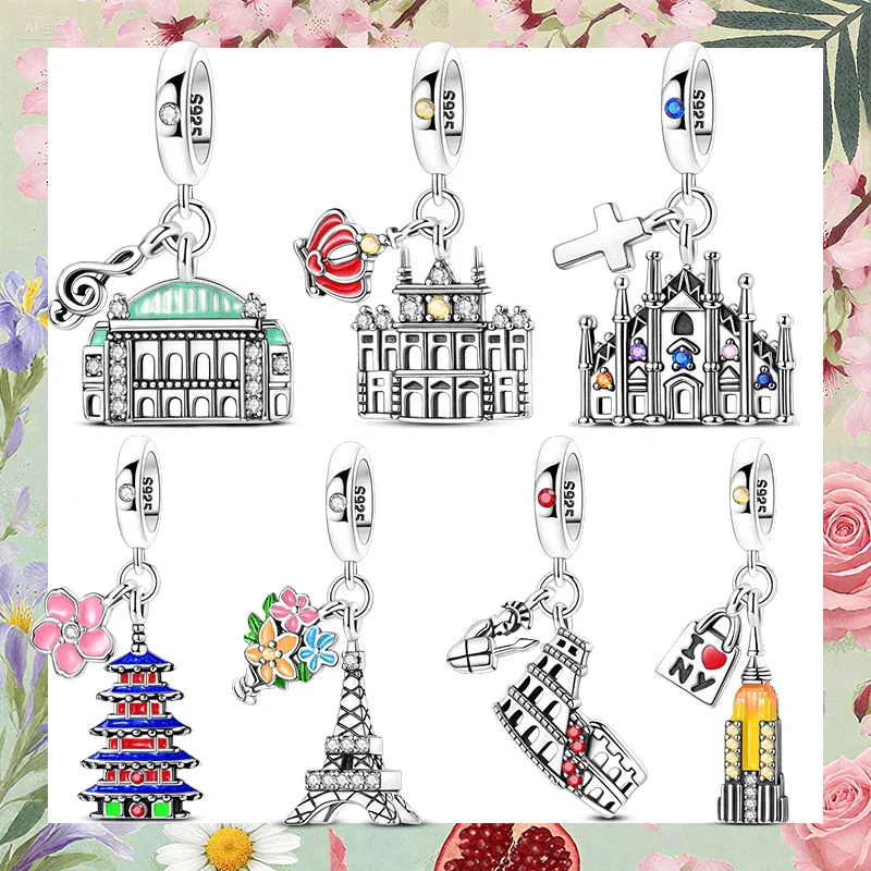 

Original Travel Charm 925 Silver New York Rome Vienna Pendant Landmark Building Fit Bracelet Diy Fashion Jewelry for Woman Gifts