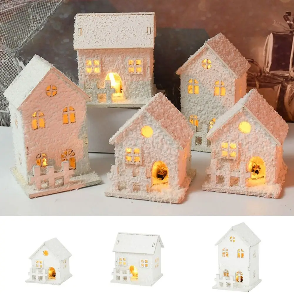 Snow Cabin Mini Christmas LED Light Wooden House White Luminous Glowing Castle with Snowflake Home