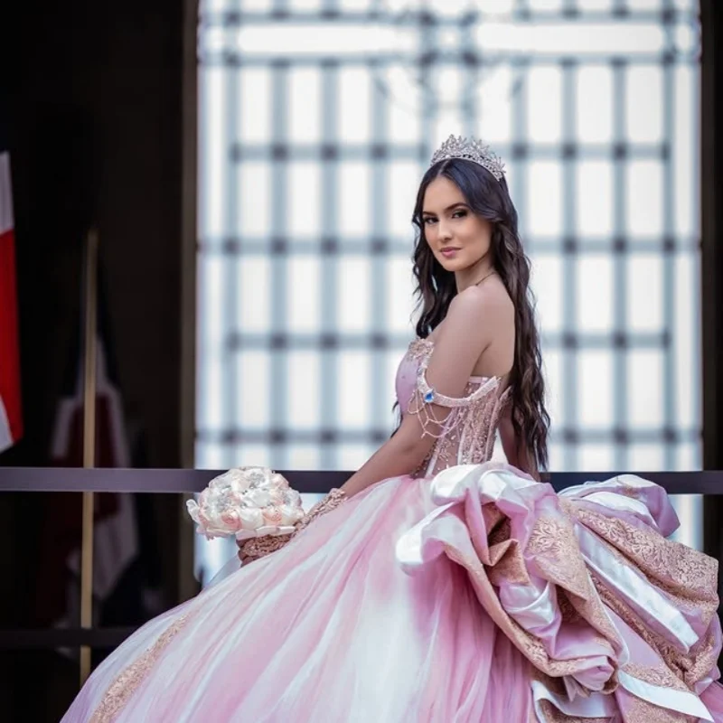 Customized Pink Quinceanera Dresses Off the Shoulder glitter decal crystal glitter Bow Long tail Vestido 15 Quinceanera