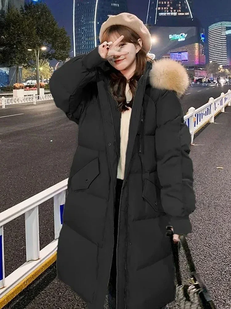 Imagem -05 - Parkas Longas com Capuz Feminino com Gola de Pele Sintética Jaqueta à Prova de Vento Algodão Quente Oversize Roupa de Neve Coreano 100kg Inverno Novo