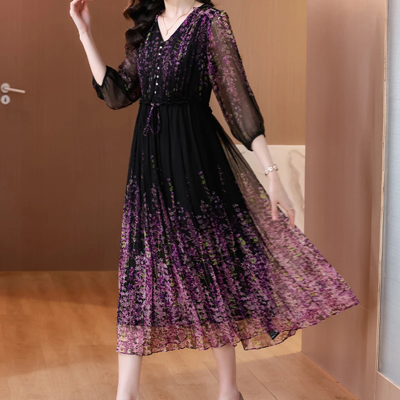 EVNISI Women V-neck Floral Printing Chiffon Dress Lantern Sleeve Elegant Office Dresses Chic Purple Women Party Vestido Summer