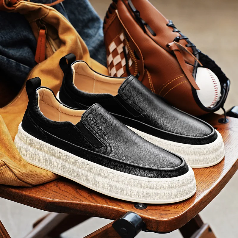 

Модные мужские повседневные туфли из натуральной кожи, стильные уличные туфли на плоской платформе, молодежные слипоны-лоферы