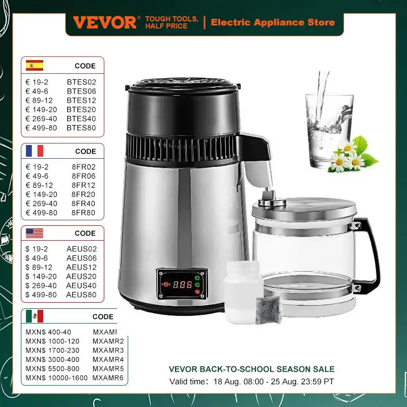 

VEVOR 4L дистиллятор воды очиститель алкоголя умягчитель фильтр для напитков регулируемая температура нержавеющая сталь для офисов домашнего использования