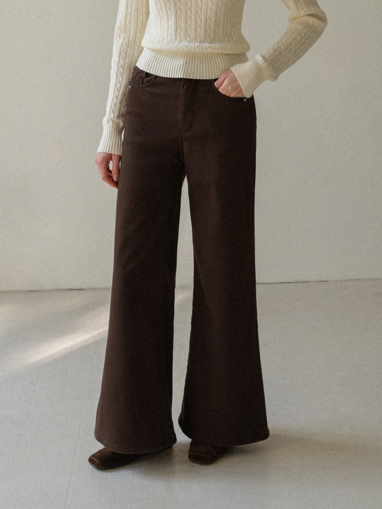 High Waist Thickened Fleece Lined Bell Bottom Jeans Coffee Color Retro Loose Casual Pants Women's Cotton  Color Jeans
