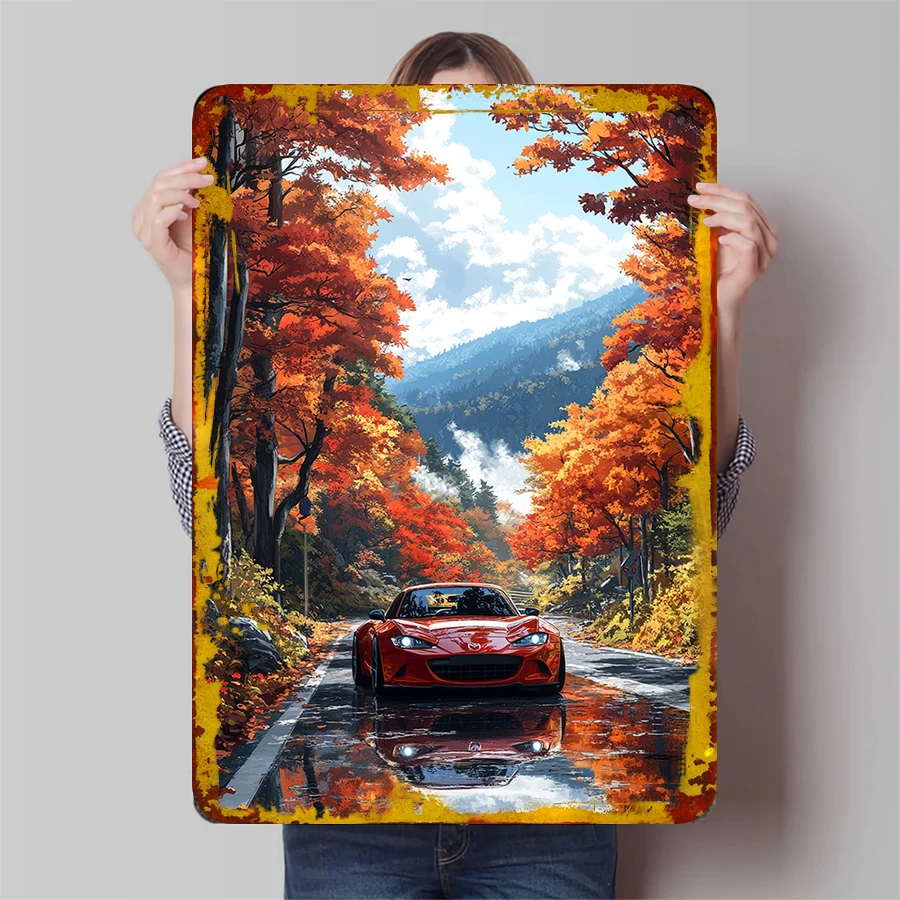 Autumn Mountain Red Sports Car Custom Metal Wall Art Home Decor Living Room Bedroom Mural Painting