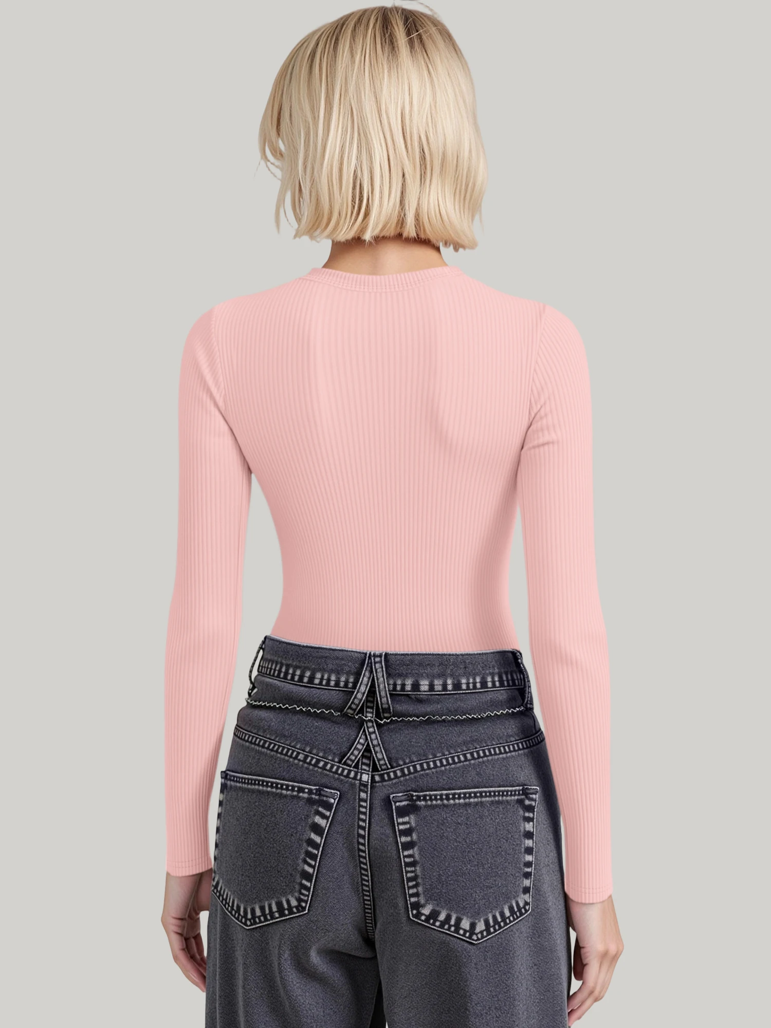 Gentle Slim Fit Ladies Ribbed Crew Neck Long Sleeve Blouse Solid Elastic Knit Jogging Casual Inner Top