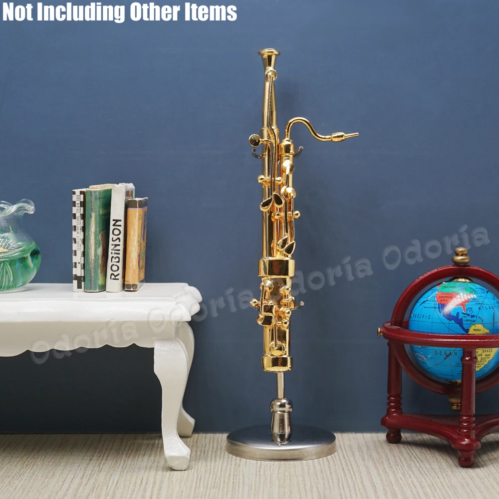 Odoria 1:12 Miniature Golden Bassoon with Stand and Case Unplayable Musical Instrument Model Set Dollhouse Accessories Decor